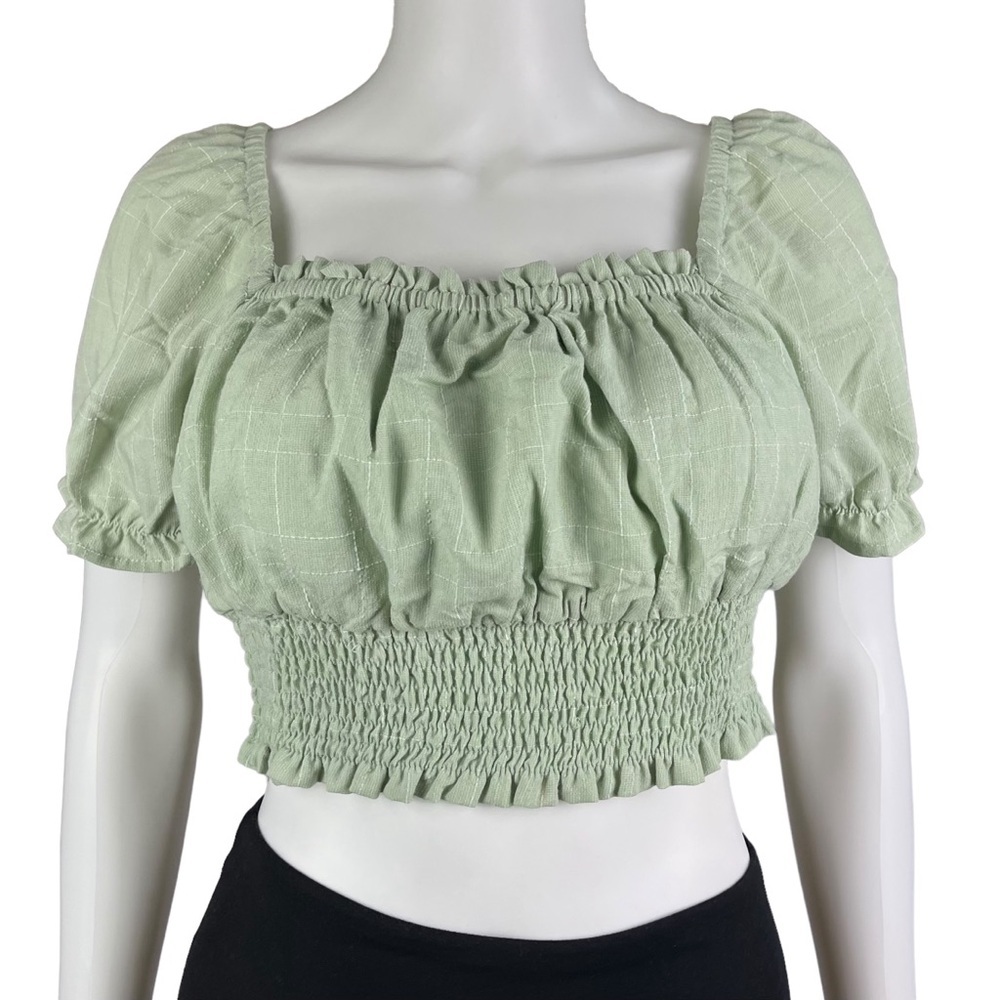 Paper Crane Green Smocked Short Sleeve‎ Crop Top Blouse Womens Size Large